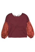 Load image into Gallery viewer, Burgundy Sequin Patchwork Sleeve Open Back Waffle Knit Top
