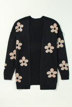 Cargar imagen en el visor de la galería, Black Floral Print Knitted Open Front Loose Cardigan
