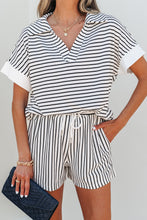 Load image into Gallery viewer, Black Stripe V Neck Tee and Casual Short Set
