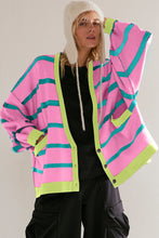Load image into Gallery viewer, Pink Stripe Colorblock Drop Shoulder Buttoned Loose Cardigan
