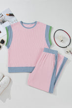 Load image into Gallery viewer, Pink Corded Colorblock Patchwork Short Sleeve Top and Loose Pants Set
