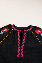 Load image into Gallery viewer, Black Floral Embroidered Ricrac Puff Sleeve Textured Blouse
