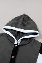 Load image into Gallery viewer, Black Color Block Exposed Seam Buttoned Neckline Hoodie
