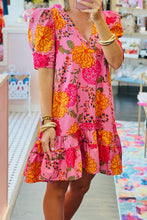 Cargar imagen en el visor de la galería, Pink Floral Bubble Sleeve V Neck Ruffled Mini Dress
