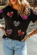 Load image into Gallery viewer, Black Sequin Heart Patched Pattern Crewneck Valentines Tee
