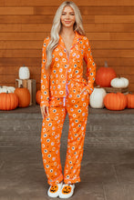Load image into Gallery viewer, Orange Halloween Print Lapel Shirt Long 2pcs Pajama Set
