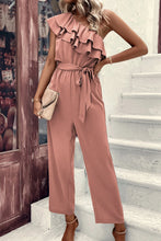 Load image into Gallery viewer, Dusty Pink One Shoulder Ruffle Trim Belted Jumpsuit
