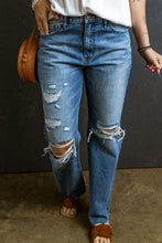 Load image into Gallery viewer, Light Blue Distressed Holes Raw Edge Straight Jeans
