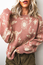 Cargar imagen en el visor de la galería, Peach Blossom Western Print Drop Shoulder Round Neck Long Sleeve Sweater

