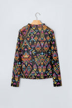 Cargar imagen en el visor de la galería, Color black Abstract Print Long Sleeve Stand Neck Mesh Top
