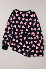 Cargar imagen en el visor de la galería, Black Valentine&#39;s Heart Shape Print Long Sleeve Top Shorts Lounge Set
