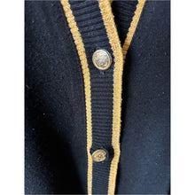 Cargar imagen en el visor de la galería, Vintage E.B. Black &amp; Gold Trim Cardigan Jacket with Gold Crest Buttons
