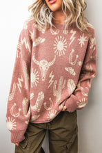 Cargar imagen en el visor de la galería, Peach Blossom Western Print Drop Shoulder Round Neck Long Sleeve Sweater

