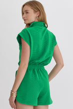 Load image into Gallery viewer, Bright Green Textured Short Sleeve Half Zip Drawstring Waist Romper
