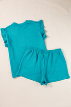 Load image into Gallery viewer, Teal Textured Ruffle Split Top and Drawstring Shorts
