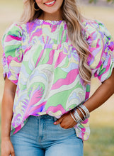 Cargar imagen en el visor de la galería, Green Abstract Print Bubble Sleeve Smock Detail Blouse
