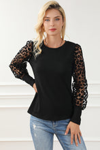 Cargar imagen en el visor de la galería, Black Leopard Mesh Puff Sleeve Patchwork Slim Fit Top
