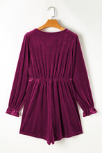 Load image into Gallery viewer, Red Dahlia Velvet Surplice Neck Ruffled Sleeve High Waist Romper
