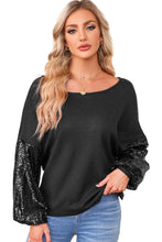 Cargar imagen en el visor de la galería, Black Sequin Patchwork Sleeve Open Back Waffle Knit Top
