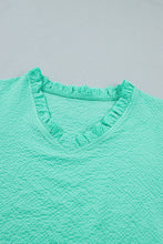 Cargar imagen en el visor de la galería, Mint Green Frilled V Neck Flower Embroidered Puff Sleeve Textured Blouse
