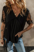 Cargar imagen en el visor de la galería, Black Eyelash Lace Sleeve V Neck Ruffle Babydoll Top
