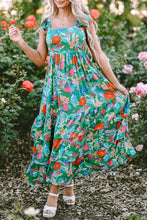 Cargar imagen en el visor de la galería, Green Floral Print Sleeveless Ruffle Tiered Maxi Dress
