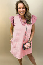 Load image into Gallery viewer, Light Pink Textured Puff Sleeve Ruffled V Neck Shift Mini Dress
