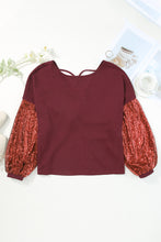 Load image into Gallery viewer, Burgundy Sequin Patchwork Sleeve Open Back Waffle Knit Top
