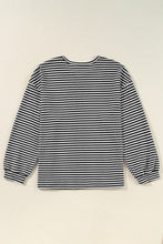 Cargar imagen en el visor de la galería, Black Stripe Drop Shoulder Puff Long Sleeve O Neck Plus Size T Shirt
