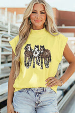 Load image into Gallery viewer, Yellow High Neck Sequin Horse Cap Sleeve Tunic Top
