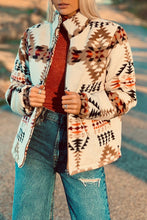 Cargar imagen en el visor de la galería, Beige Aztec Printed Stand Neck Zip Up Jacket
