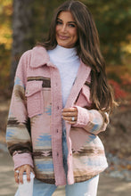 Load image into Gallery viewer, Pink Western Aztec Print Sherpa Splicing Buttoned Flap Pocket Coat
