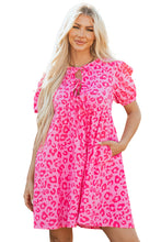 Load image into Gallery viewer, Rose Leopard Puff Sleeve Tie Front High Waist Mini Dress
