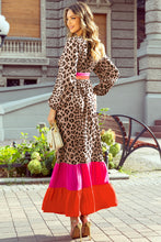 Cargar imagen en el visor de la galería, Brown Leopard Color Block V Neck Loose Fit Maxi Dress
