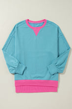 Cargar imagen en el visor de la galería, Light Blue Colorblock Patchwork Crew Neck Loose Sweatshirt
