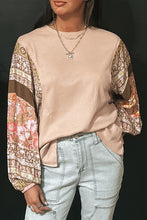 Load image into Gallery viewer, Parchment Contrast Floral Patchwork Puff Sleeve Waffle Knit Top
