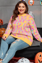 Cargar imagen en el visor de la galería, Bright Pink Plus Size Leopard Ribbed Trim Sweater
