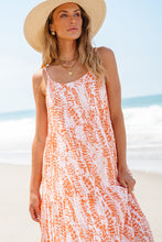 Cargar imagen en el visor de la galería, Orange Abstract Print Spaghetti Straps Backless Tiered Maxi Dress
