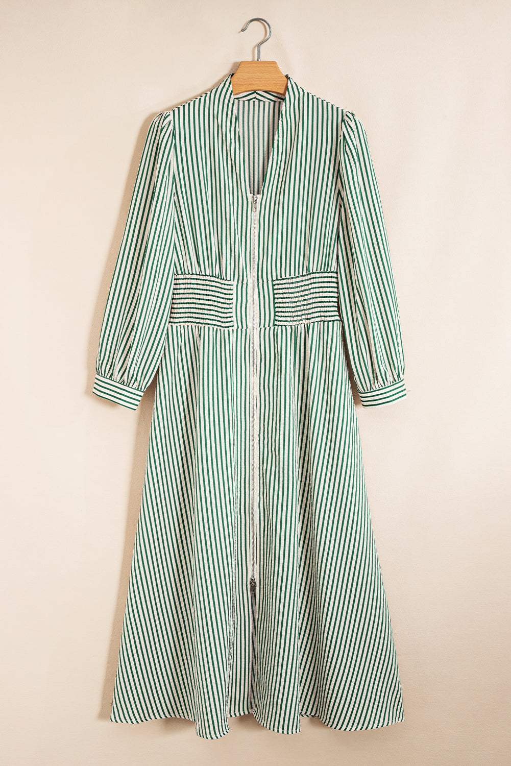 Green Stripe V Neck Zip Front Cinched High Waist Midi Dress