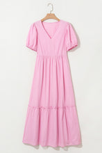 Load image into Gallery viewer, Pink Stripe V Neck Puff Short Sleeve Maxi Dress

