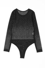 Cargar imagen en el visor de la galería, Black Rhinestone Embellished Mesh Long Sleeve Cowgirl Bodysuit
