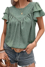 Load image into Gallery viewer, Laurel Green Dotted Ruffle Sleeve Crew Neck Ruched Blouse
