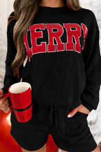 Load image into Gallery viewer, Black Corded MERRY Graphic Long Sleeve Top and Shorts Set
