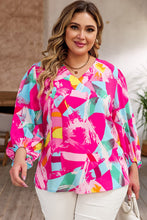 Load image into Gallery viewer, Pink Curvy Girl Graffiti Print Split Neck Puff Sleeve Blouse
