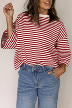 Cargar imagen en el visor de la galería, Red Stripe Bowknot Cutout Back Drop Shoulder Wide Bracelet Sleeve Loose Tee
