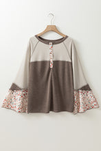 Load image into Gallery viewer, Colorblock Floral Patchwork Flared Sleeve Buttons Henley Top
