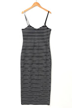 Cargar imagen en el visor de la galería, Black Stripe Asymmetric Shoulder Tee Slit Pencil Dress Set
