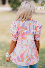 Cargar imagen en el visor de la galería, Pink Abstract Print Bubble Sleeve Smock Detail Blouse
