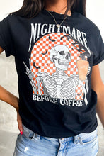 Load image into Gallery viewer, Black Nightmare Before Coffee Skull Checkerboard Graphic Halloween Tee
