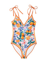 Load image into Gallery viewer, Orange Fruit Plant Print Tied Straps V Neck One Piece Swimsuit
